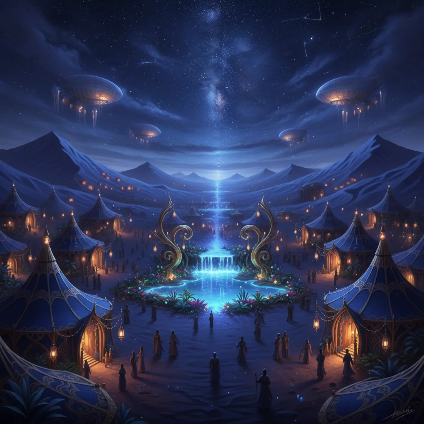 A glowing mystical desert festival at night